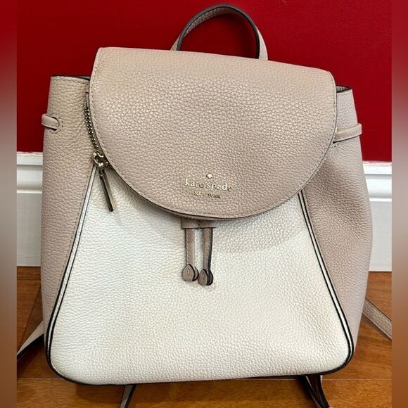 Kate Spade Leila Medium 2 Tones Pebbled Leather Backpack Drawstring Flap Closure - Picture 2 of 13